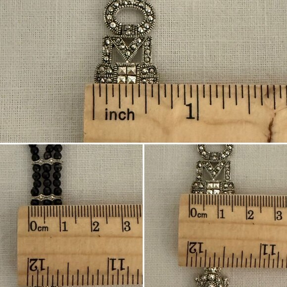 Art Deco Style Beaded Bracelet 7.5in Silver Tone Black Beads Retro Style - Picture 13 of 15